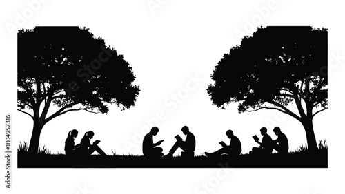 Students reading under trees silhouette isolated on white background, Vector