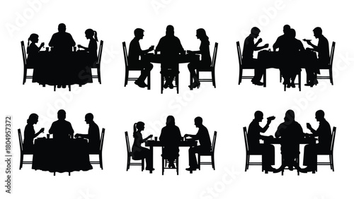 Silhouettes of people socializing and dining at tables isolated on white background, Vector