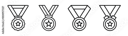 Vector outline drawing of medals with star for achievement award and competition prize design