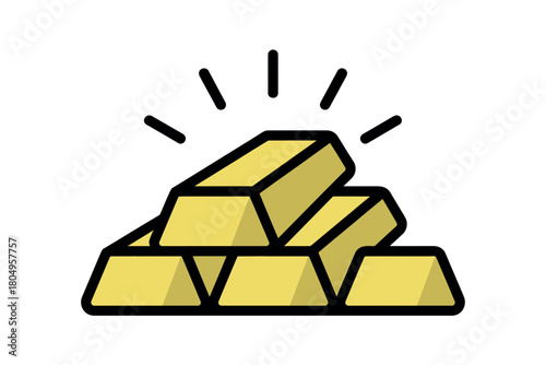 A pile of shiny gold bars is depicted with radiating lines suggesting value and wealth.