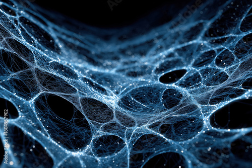 Abstract blue network pattern with glowing nodes and interconnected fibers