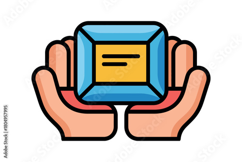 Hands gently holding a valuable blue gem with a yellow inscription, symbolizing precious care and stewardship.