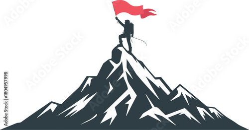 Silhouette Person Standing Top of Mountain Holding Victory Flag Symbolizing Achievement Success Goal Conquering Obstacle
