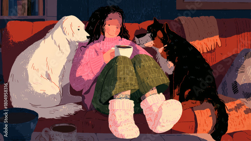 Warm cozy evening scene of girl relaxing with two affectionate dogs, celebrating emotional comfort and companionship for National Love Your Pet Day.