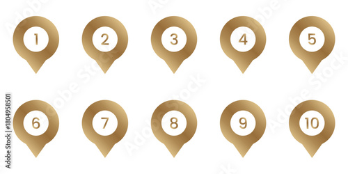Numbered Gold Location Pin Icon Set. Sequential Numbering And Navigation Golden Marker Symbol Collection. Geolocation, Mapping, And Wayfinding Design Elements. Isolated Vector Illustration