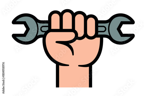 A stylized hand firmly grips a wrench, symbolizing strength, repair, and industry.