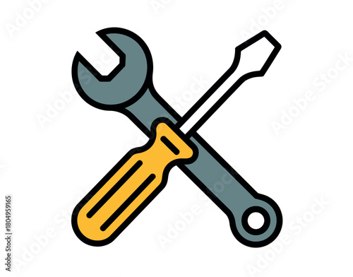 A set of crossed tools, including a wrench and a screwdriver, symbolizing repair and construction.