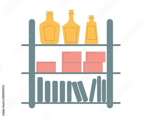 An illustrated shelf unit holds bottles, boxes, and books, presenting a stylized arrangement of objects.