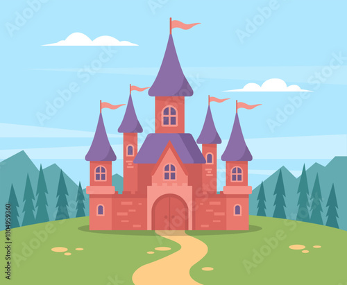 Fairytale magic castle scene background. Vector stock