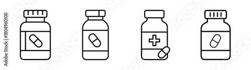Medicine bottles vector illustration: pharmacy, capsules, pills, drugs, healthcare, treatment, remedy
