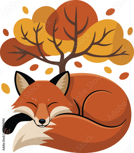 Sleeping Fox Curled Up Under an Autumn Tree with Falling Leaves on Transparent Background Illustration Vector