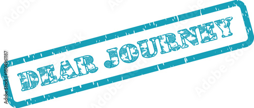 Blue distressed rubber stamp displaying the inspiring phrase DEAR JOURNEY inside a framed rectangular area