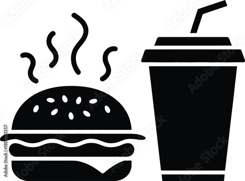 Steaming burger and soda drink fast food meal icon vector art