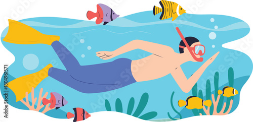 Snorkeling Adventure Aquatic Activity Man with Mask and Flippers Swimming Underwater Sea Life Exploration Vector Illustration Art