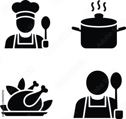 Cooking and chef icons set, food preparation and kitchen symbols