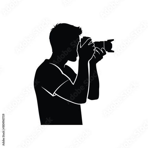 A man holding a camera in his hand silhouette vector art illustration