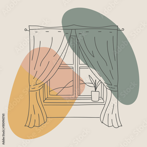 Aesthetic window with curtains and plant isolated on