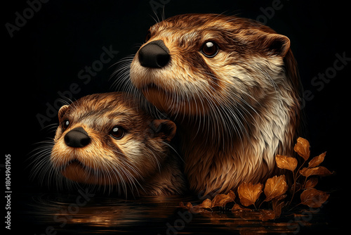 Mother Otter Baby Kit Closeup, Wildlife Animal Art Portrait Illustration, Dark Background