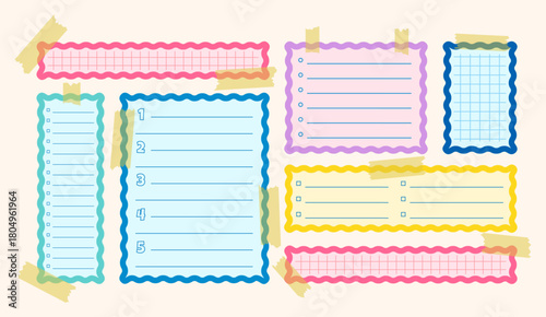 Paper corrugated diary frame memo pages templates set. Cute scallop notebook to do list sheets blank planner notes stickers collection. Sticky tape reminder stationery organizers backgrounds. Isolated