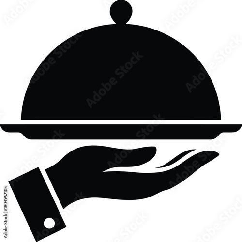 Hand holding cloche icon symbol for restaurant catering service