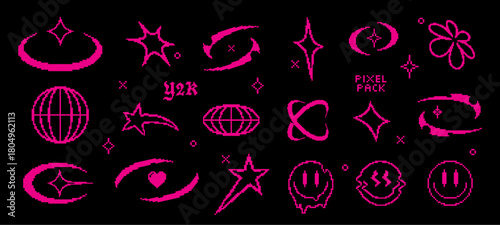 Pixel y2k retro icons set. Abstract vector elements in vaporwave acid style. Geometric sticker shapes in pixel art style. Digital brutalist techno glitch bitmap symbols collection. Isolated