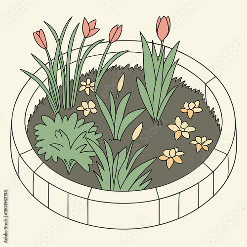 Illustration of a flower bed with tulips and other flowers in bloom