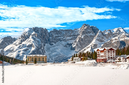Frozen Lake Misurina Winter Morning in Dolomites