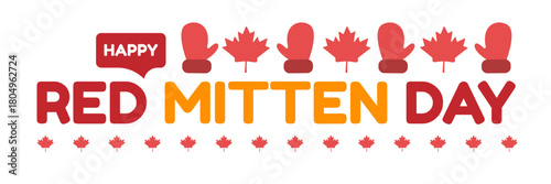Happy red mitten day wide banner with warm red mittens isolated on white background. Celebrate national Red mittens day 21 November Canadian holiday greeting card