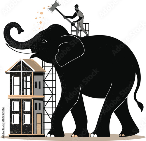 Man on Elephant Building House with Axe and Scaffolding