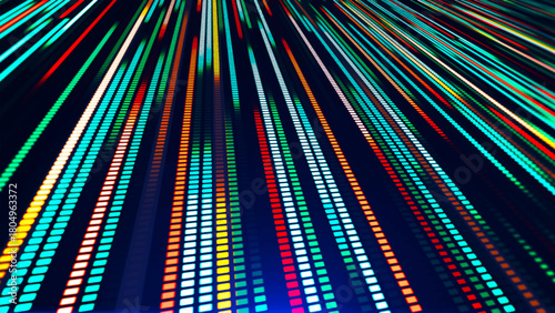 An illustration with many colored glowing lines and square segments going into the distance. The effect of movement from neon light. Suitable for themes related to technology, futurism and club