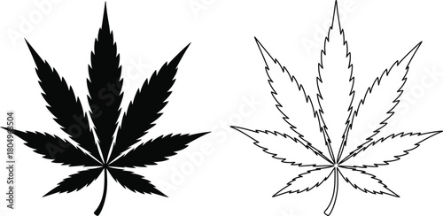 Cannabis leaf silhouette and outline vector icon set on white