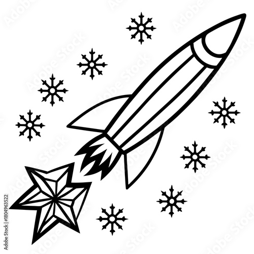 Black and white rocket launching with stars isolated on