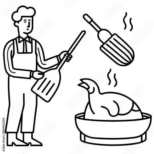 Chef with tools and cooked turkey isolated on