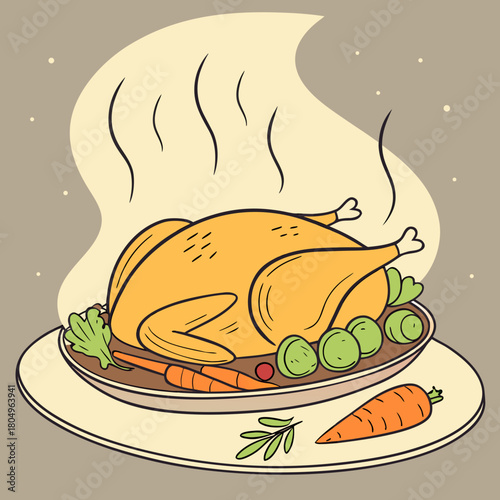 Illustration of a roasted turkey with vegetables on a plate, steaming hot