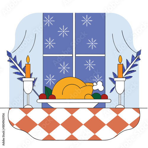 Illustration of a thanksgiving turkey on a table with candles and a window