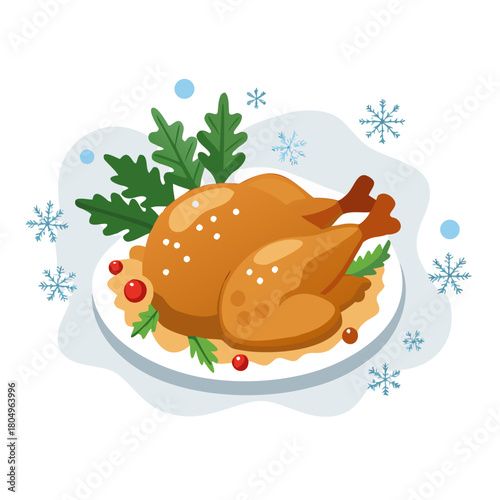 Roasted chicken on a plate isolated on with winter decorations