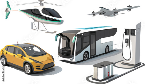 Modern Transportation Vehicles and Fuel Station helicopter