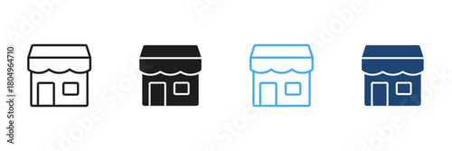 Small Retail Storefront Line And Solid Icon Set. Local Business, Shop, And Marketplace Outline And Silhouette Symbol Collection. Commercial Building Design. Isolated Vector Illustration