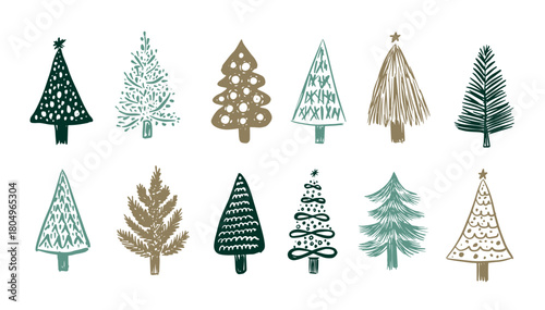 Christmas tree set on white, hand drawn illustration	
