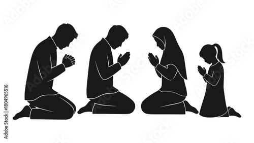 Praying muslim family silhouette isolated on white background, Vector