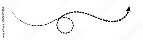 Black dashed arrow curving upwards with a circular loop white line