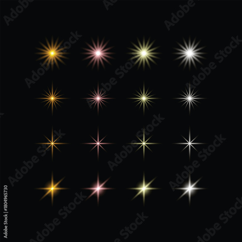 Colorful Starburst Light Effects Set on Black Background
