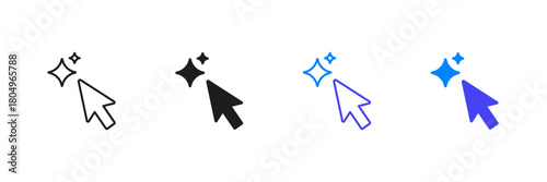 Mouse Cursor With Sparkles Line And Solid Icon Set. User Interaction, Click Enhancement, And Digital Navigation Symbol Collection. Mouse Pointer with AI. Isolated Vector Illustration