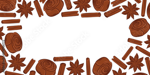 Decorative border of cinnamon roll, cinnamon stick and star anise in flat style.