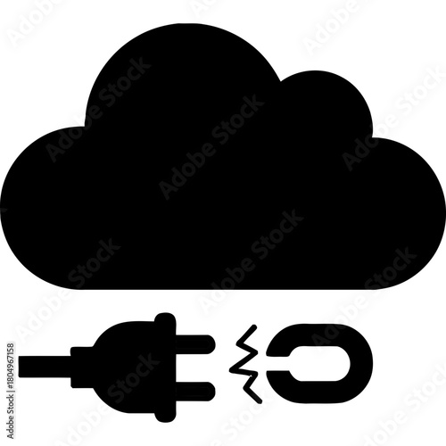 Cloud storage disrupted with broken chain and plug, symbolizing data connectivity issues