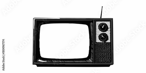 Retro black and white drawing of an old television set with an antenna and two knobs