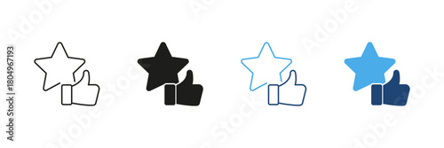 Thumbs Up With Star Line And Solid Icon Set. Positive Feedback, Approval, And Quality Rating Outline And Silhouette Symbol Collection. Customer Satisfaction And Review. Isolated Vector Illustration