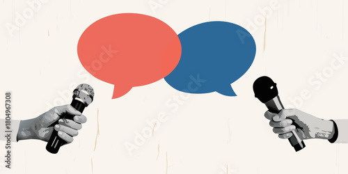 Two hands holding microphones with overlapping red and blue speech bubbles symbolizing conversation and debate