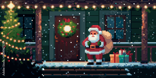 Pixel art santa claus standing on a snowy porch with a christmas tree and gifts