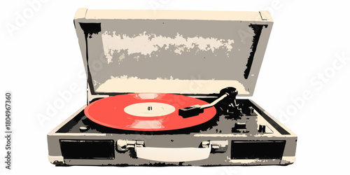 Vintage portable record player with a bright red vinyl record spinning on a white background